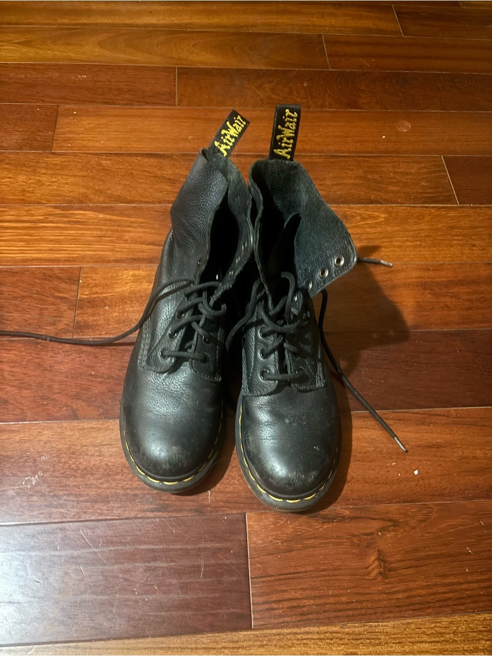 Dr. Martens Kids Black Leather Lace-Up Combat Boots with Yellow Stitching